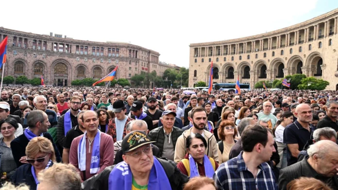 Demonstrators gather near Armenia's Prime Minister Nikol Pashinyan's residence to demand his resignation over land transfer to neighbouring Azerbaijan, in Yerevan